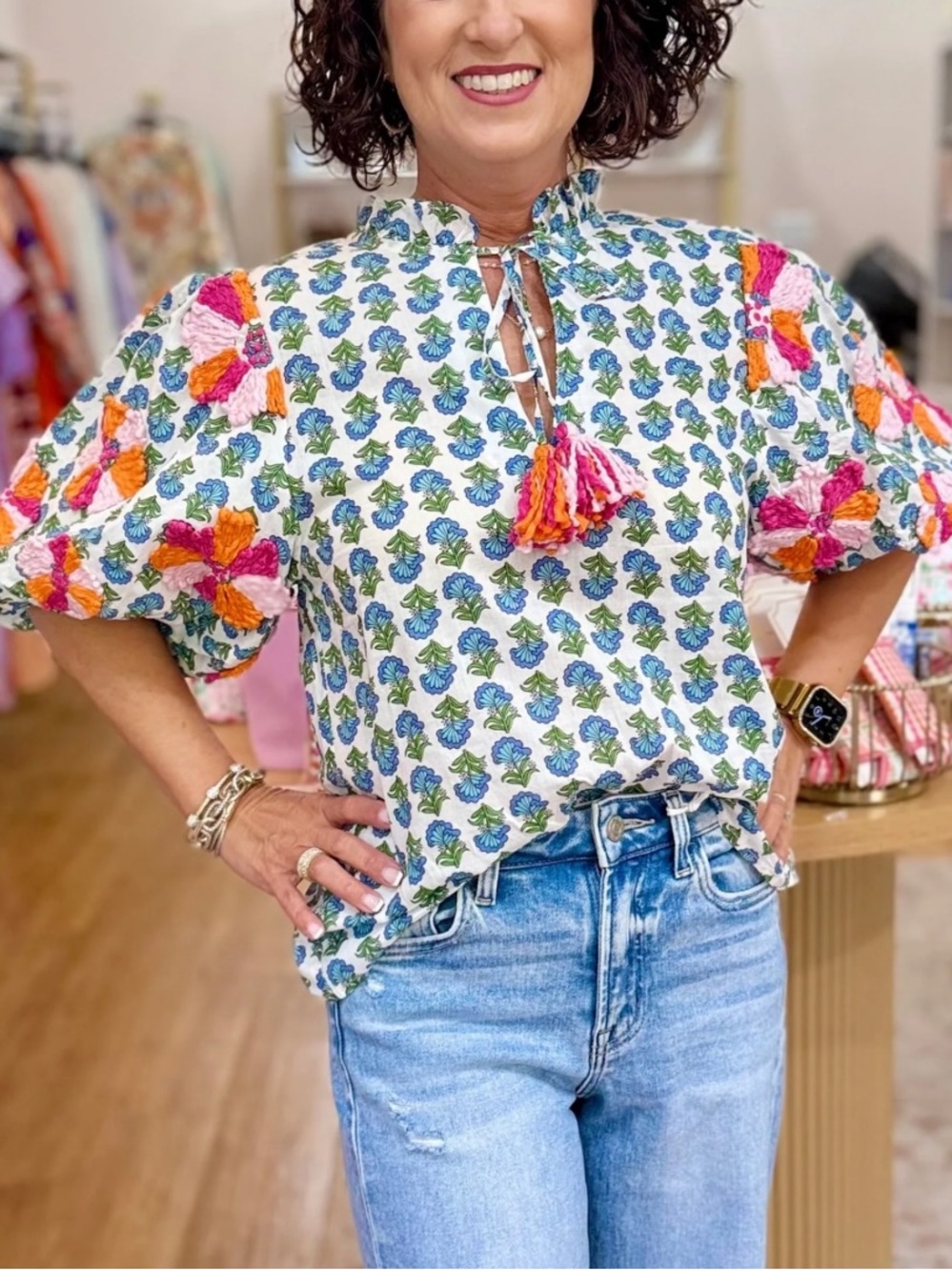 THML floral block print top with textured embroidered puff sleeves - Picture 8 of 9